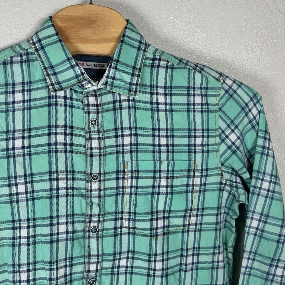 32 Bar Blues Shirt Mens Sz Medium Green Blue Plaid Cotton Long Sleeve Button Up